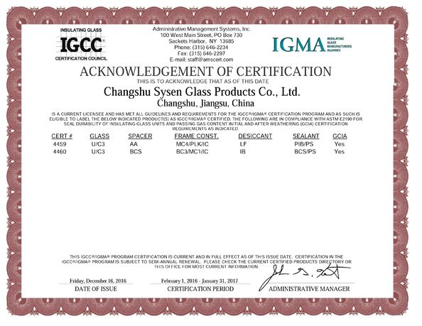 Chine Changshu Sysen glass products Co. Ltd. certifications